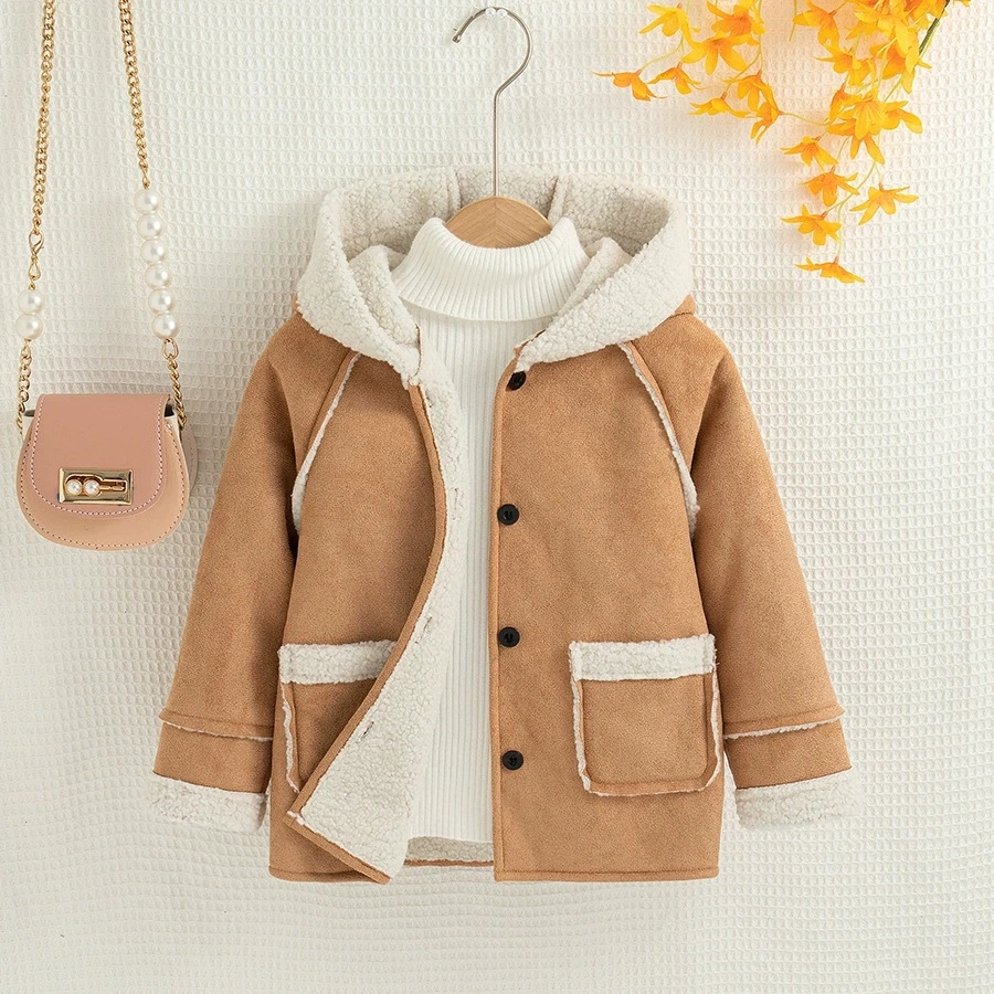 

Kids Girls' Hooded Coat Long Sleeve Button-Up Outerwear Thick Fleece Lined Winter Jacket with Pockets Solid Color Baby Clothing