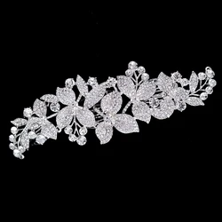 Luxury Crystal Leaf Bridal Headpiece Flower Wedding Long Hair Combs For Women Hair Accessories Girls Rhinestone Headdress