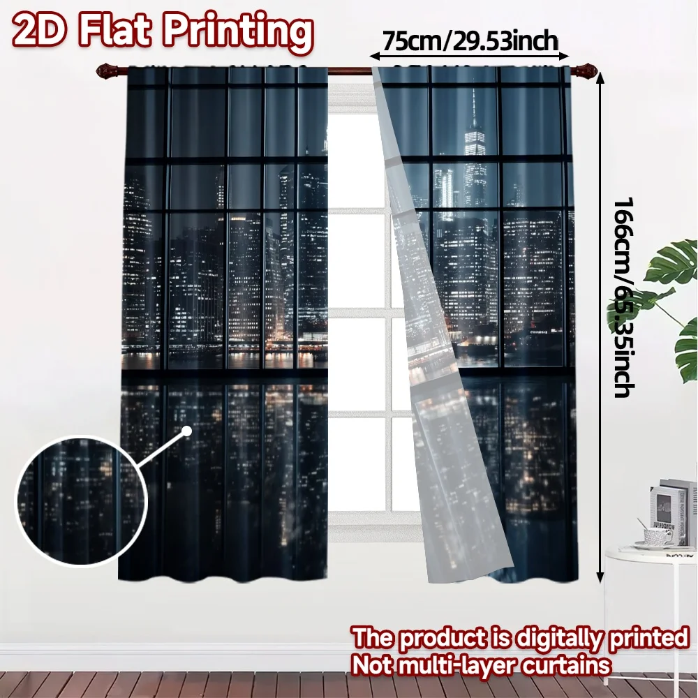2pcs, 2D FLAT PRINTING Curtains (Without Rod) Cityscape Reflections Creative Modern Curtains 100% Polyester Curtains Outdoor