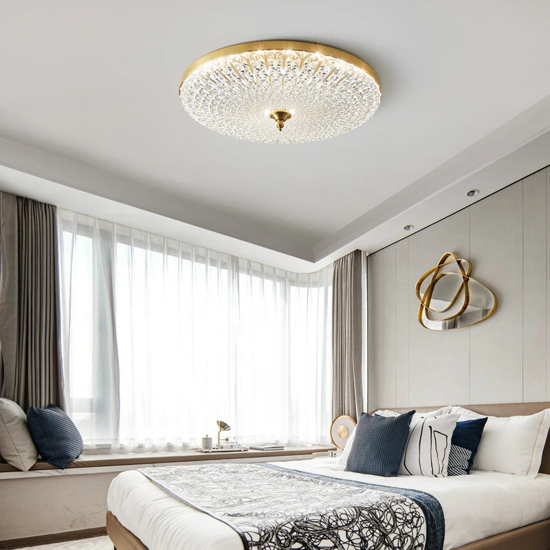 Nordic light luxury all copper bedroom ceiling lamp American simple warm round glass room lamps