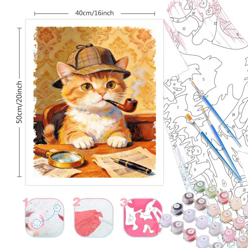 Detective Cat Paint By Numbers Kit Adults Beginner DIY Canvas Stress Relief Home Wall Decor Craft Birthday Gift Frameless