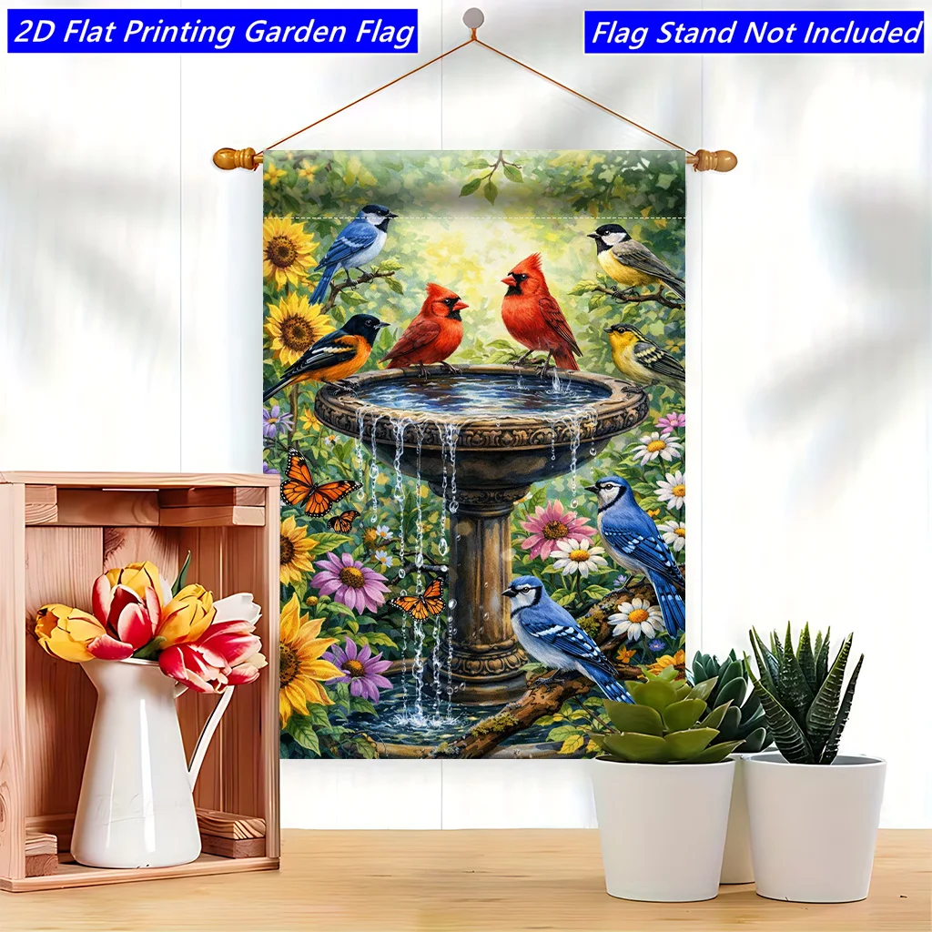 1 2D Flat Flag, Birds Playing in The Water and Butterflies Dancing Among Flowers, Celebration Decoration Garden Flag, Polyester Lawn Decoration, Courtyard Outdoor Flag, Suitable for Courtyard and Terrace Decoration, Scene Decoration, Excluding Flagpole