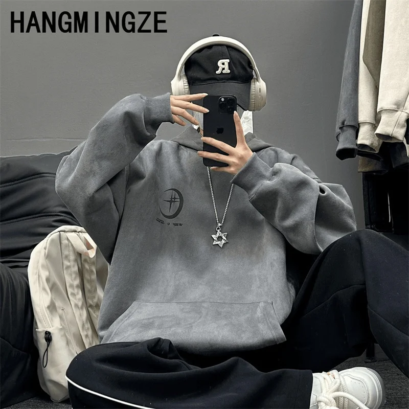 American High Street Suede Moon Sweatshirt For Men 2024 Autumn And Winter New Hoodie Trendy Brand Genderless Loose Casual Hoody