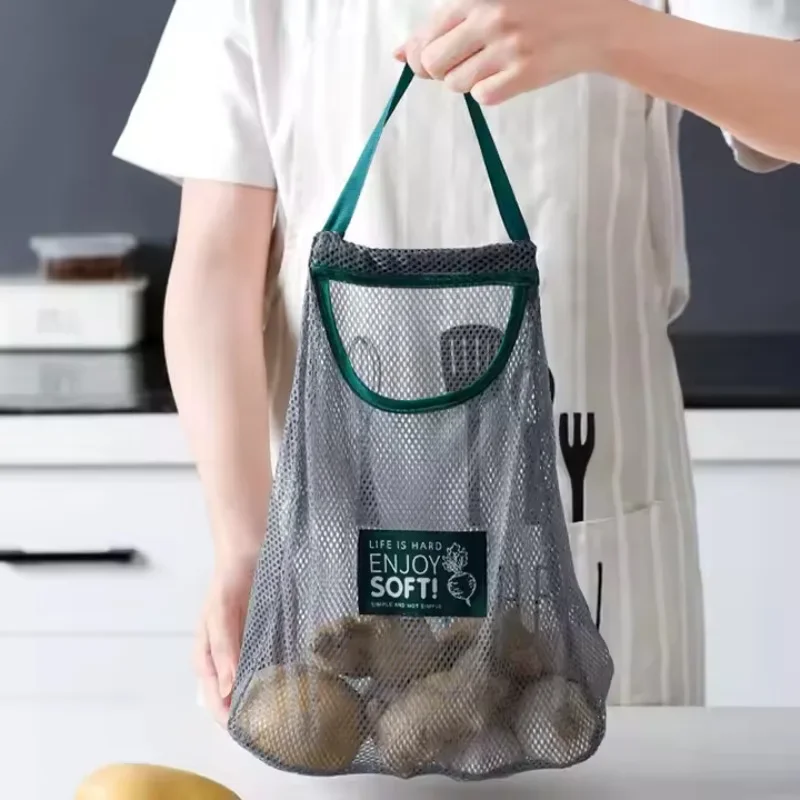 Tragbare Netz-Aufbewahrungstasche für Lebensmittel, für Zwiebeln, Knoblauch, Kartoffeln, langlebiger Küchen-Organizer, wiederverwendbare, atmungsaktive Gemüse-Aufbewahrungstasche