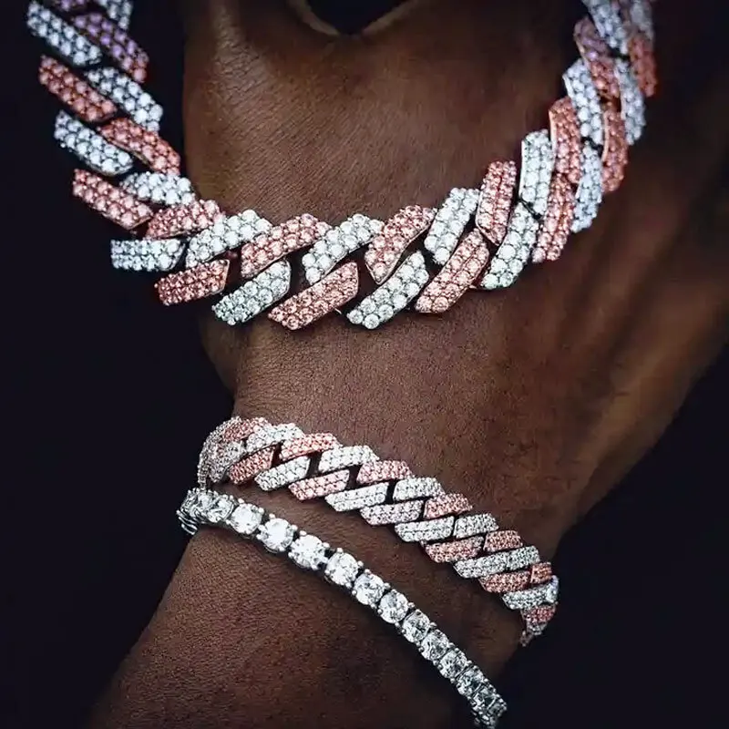 Men Womens Jewelry Bracelets Double Color Pink White Bracelets 925 Sterling Silver Moissanite Diamond Cuban Link Bracelet