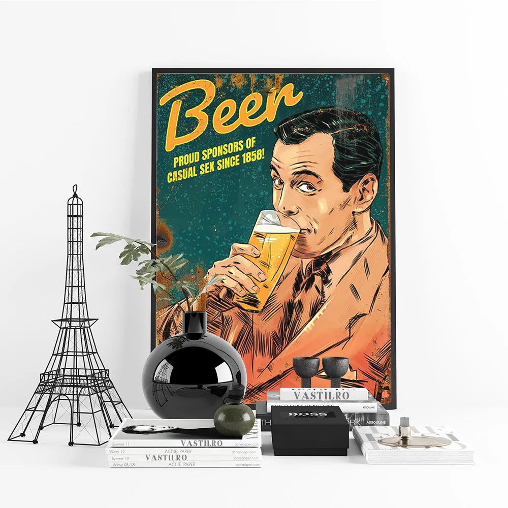 Retro Beer Lovers Poster Art Print Pub Club Middle Age Man Canvas Painting Wall Picture Bar Decor Mural