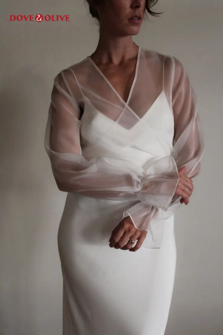 Ivory Wedding Coat Organza Bolero pełna rękaw trąbkowy wzruszając ramionami etola ślubna dla nowożeńców Cover Up Plus rozmiar damski Cape Free Custom made