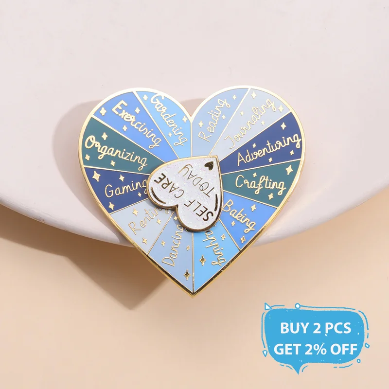 New Heart Turntable Enamel Pin Self Care Message Reminder Rotatable Brooch Laple Backpack Badge Fun Jewelry Best Friend Gifts