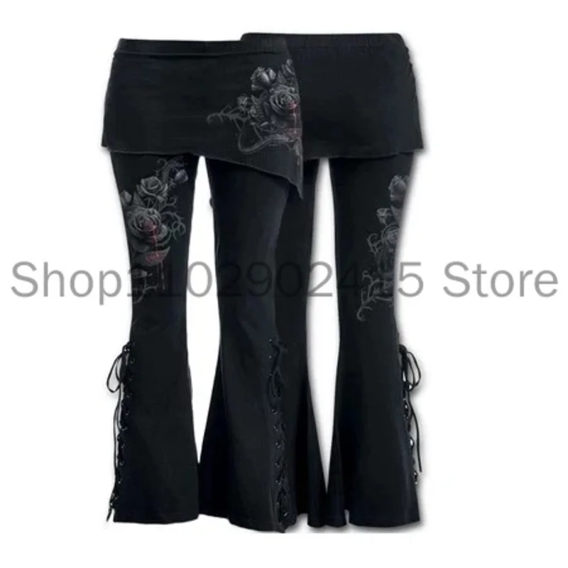 

2023 Medieval Gothic Punk Skinny Irregular Skrit Pants Flare Trousers Women Print Floral Cotton Slim Bandage Long Flare Pants