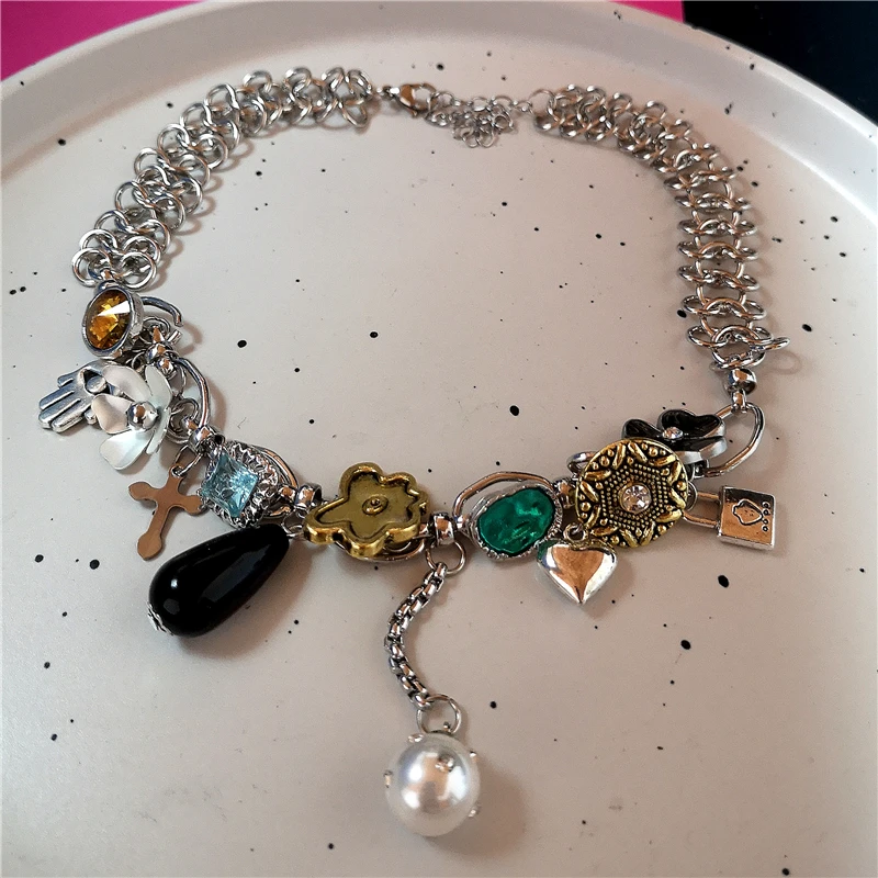 فراشة المختنق اللؤلؤ القوس معدن كريستال زهرة مطرز قلادة للنساء الشرير الجمالية 2000s EMO الجرونج مجوهرات اكسسوارات #3