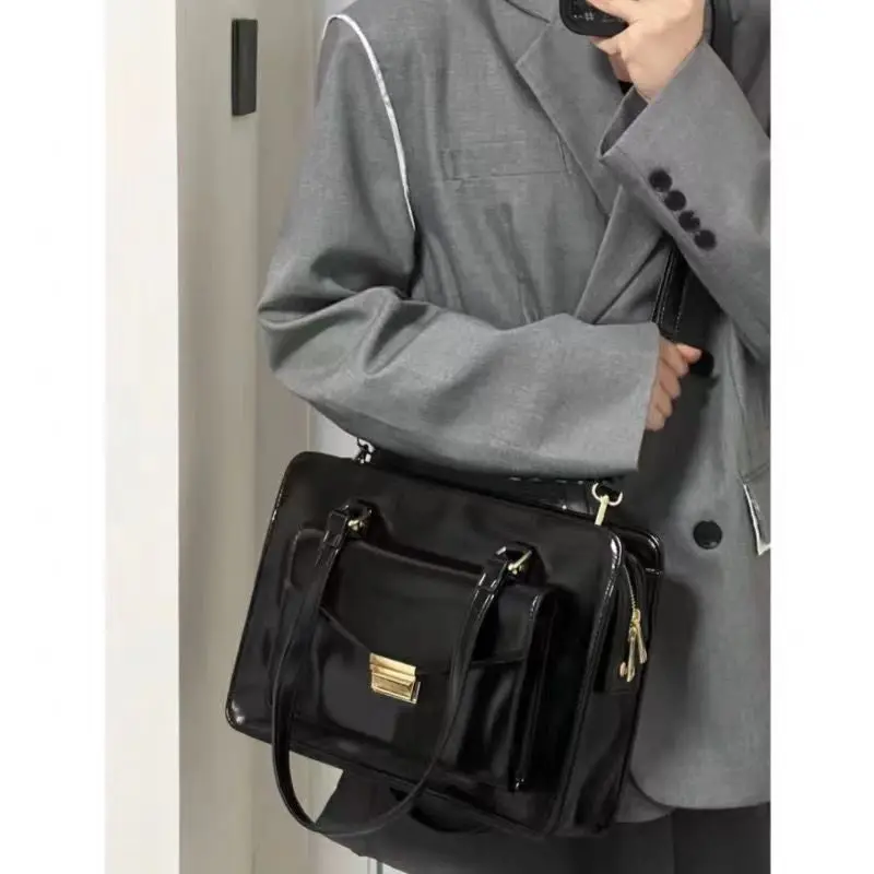 JIAERDI Vintage Black Shoulder Bag Briefcase Women Preppy Style Pu Leather Jk Handbag Ladies Large Capacity Casual Handbags Y2k