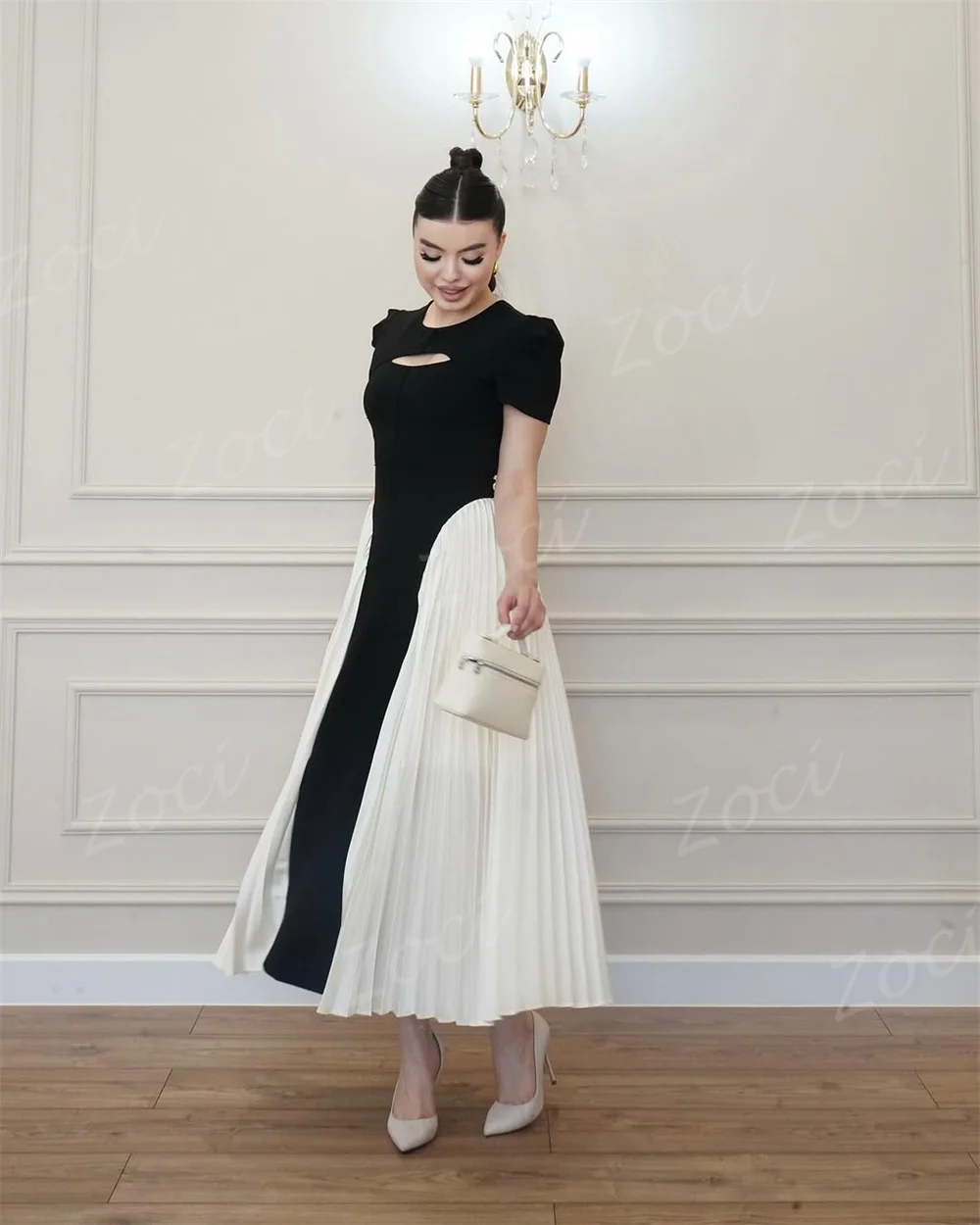Zoci Semplice Piega A Line Abiti da ballo Manica corta Personalizzato Abito da sera da donna Abito da sera per occasioni formali bianco nero