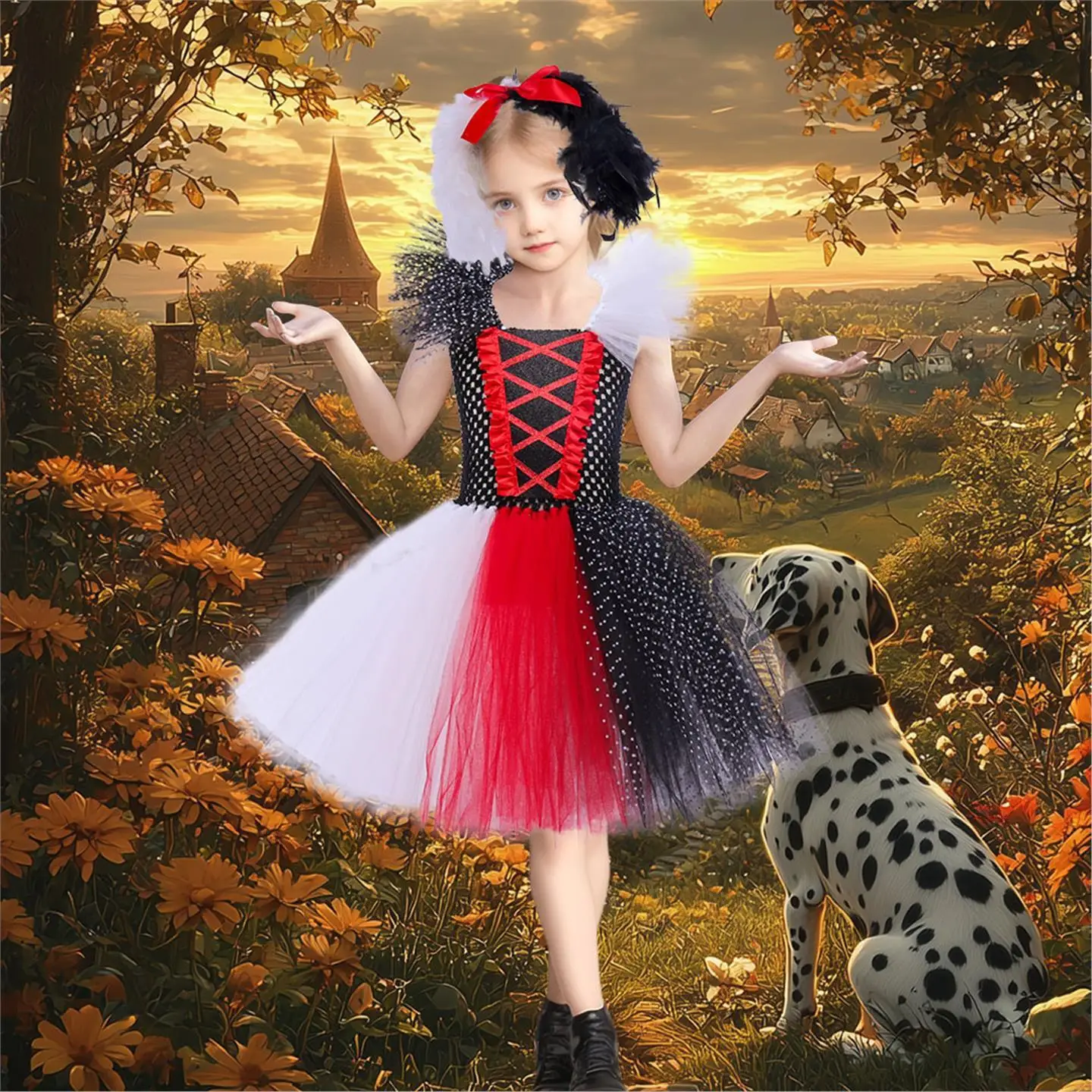 

Spot Dog Print Princ Dr Children's Animal Costume Performance Outfit loween ow Costume Girls' Faion Summer Dr