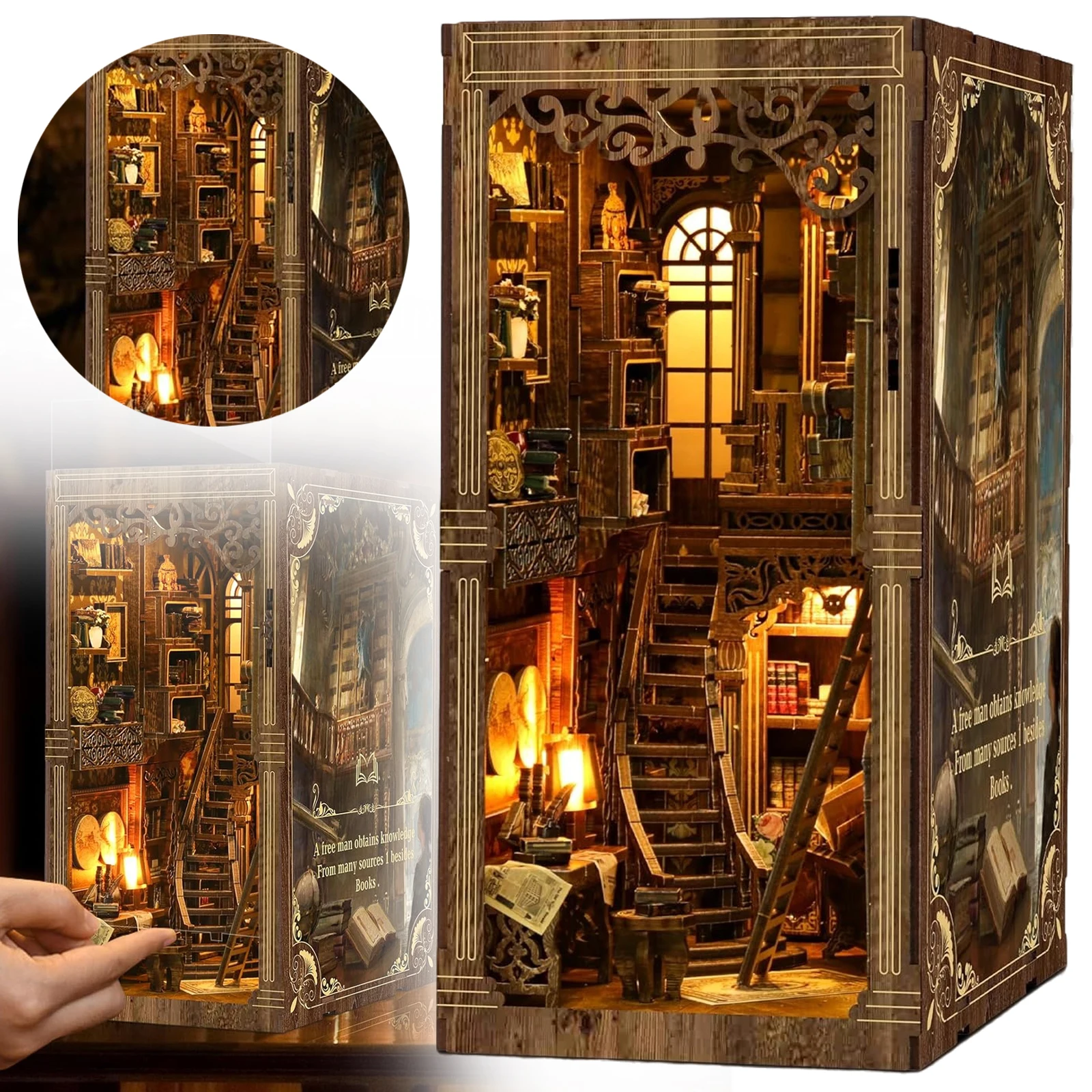 DIY Miniatur 3D-Buchstützen-Modellbausatz, 3D-Holz-Buchstützen-Miniaturszene, handgefertigtes Cottage-Ornament mit LED-Beleuchtung, kreative Heimdekoration, Geschenk zum Schulanfang und Geburtstag