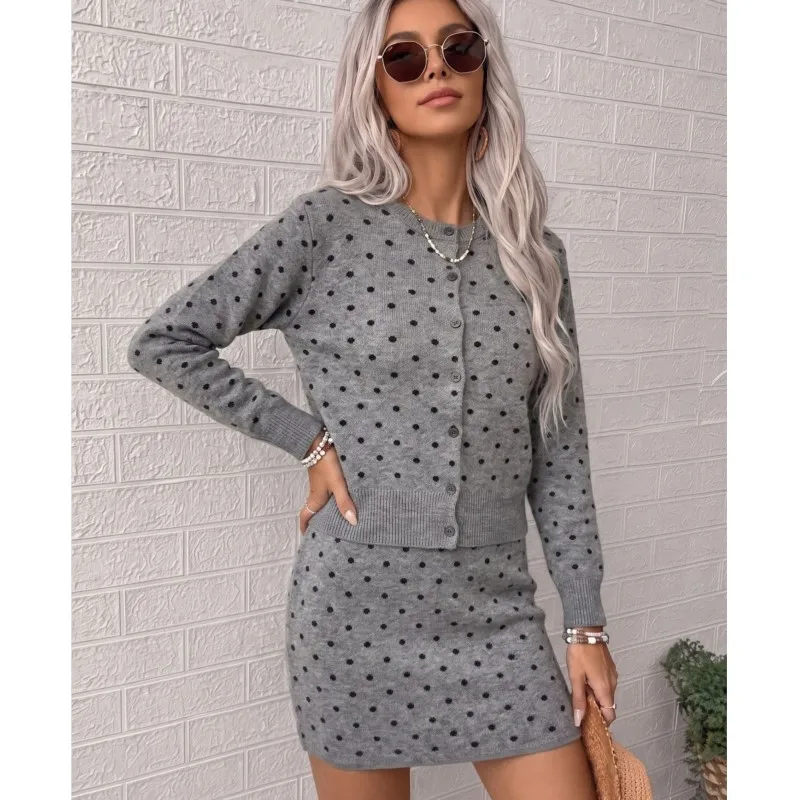 Women Casual 2 Piece-Set Autumn Soft Knitted Polka Dot Cardigan Single Breasted Long Sleeve Sweater High Waist Mini Skirts Suits