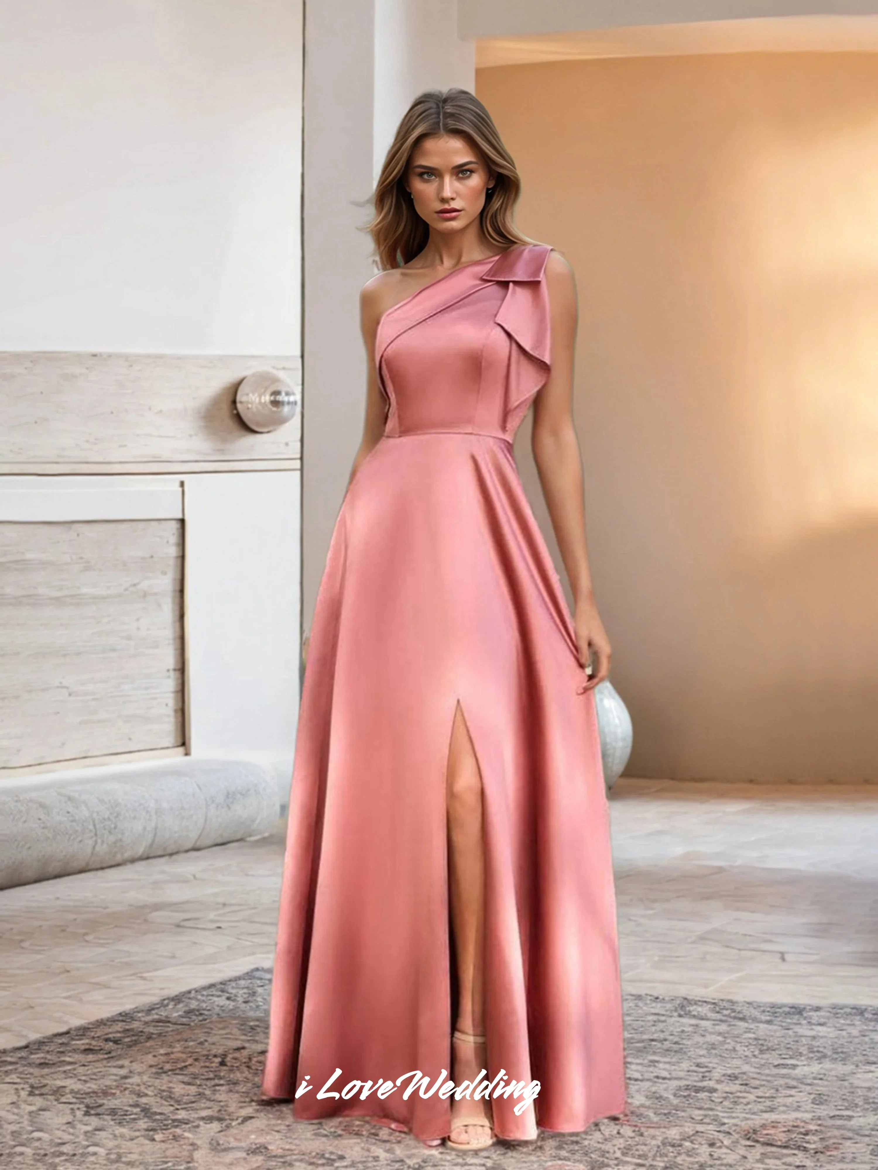 Pink One Shoulder Bridesmaid Dress 2026 Satin Bow A-Line Sleeveless Split Dresses for Special Occasions Floor-Length Customized