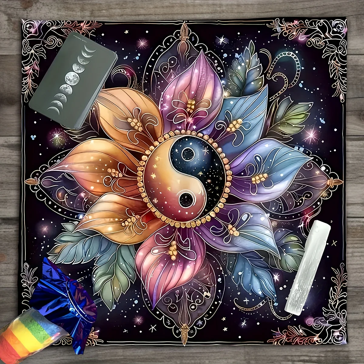 Tarot Cloth Astrology Sun Tarot Cloth Three Card Spread 1Pc Polyester Yin Yang Mandala Tarot Tablecloth, Starry Sky Design,