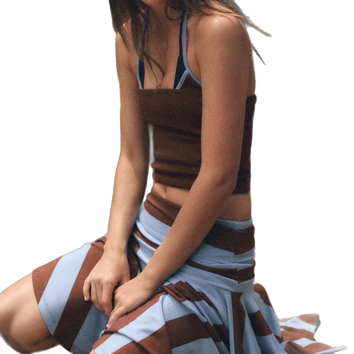 Comfortable Knitted Stripe Patchwork Halter Neck Casual Top And Skirt Set Sexy Fake Two-Piece Cross-Border New Arrival