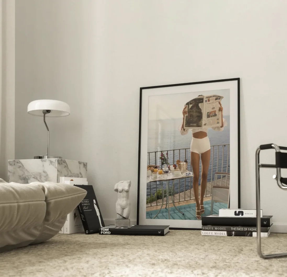 Med Balcony Lady Seascape Print, Coastal Breakfast Wall Art Printing, Decor for Living Room, Bedroom, Hallway, Bathroom