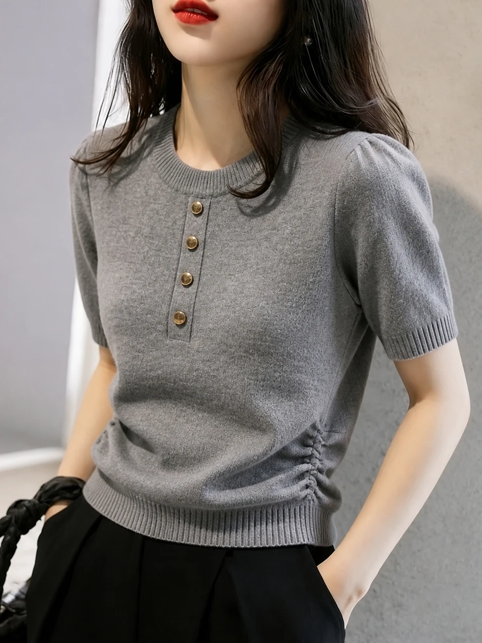 Korean Style Slim Fit Pure Color Short Sleeve Pleated Knit Top Casual Summer Fashionable Small Shirt Commute Style round Neck