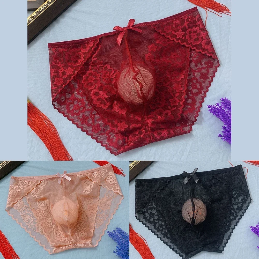 Men Sexy Erotic Lace Traceless Low Rise U Convex Lace Transparent Panties Briefs Underwear Lingerie Spicy Mens Briefs Shorts