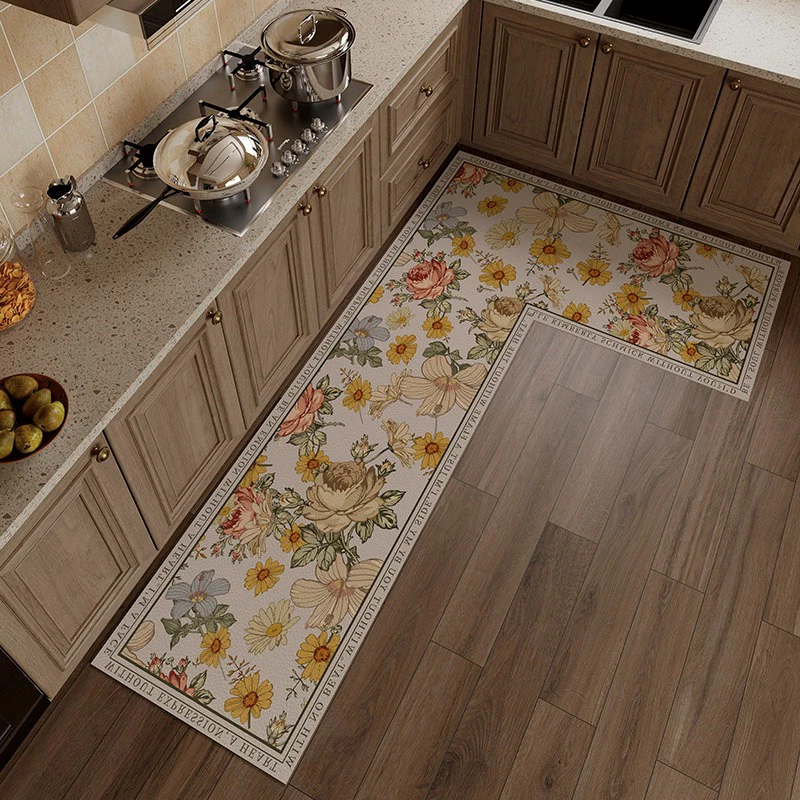 L-shaped Kitchen Floor Mats Floral Light Luxury Carpet Pvc Oil-proof Waterproof Rug Anti-slip Mat 러그 Коврик Для Кухни שטיח למטבח