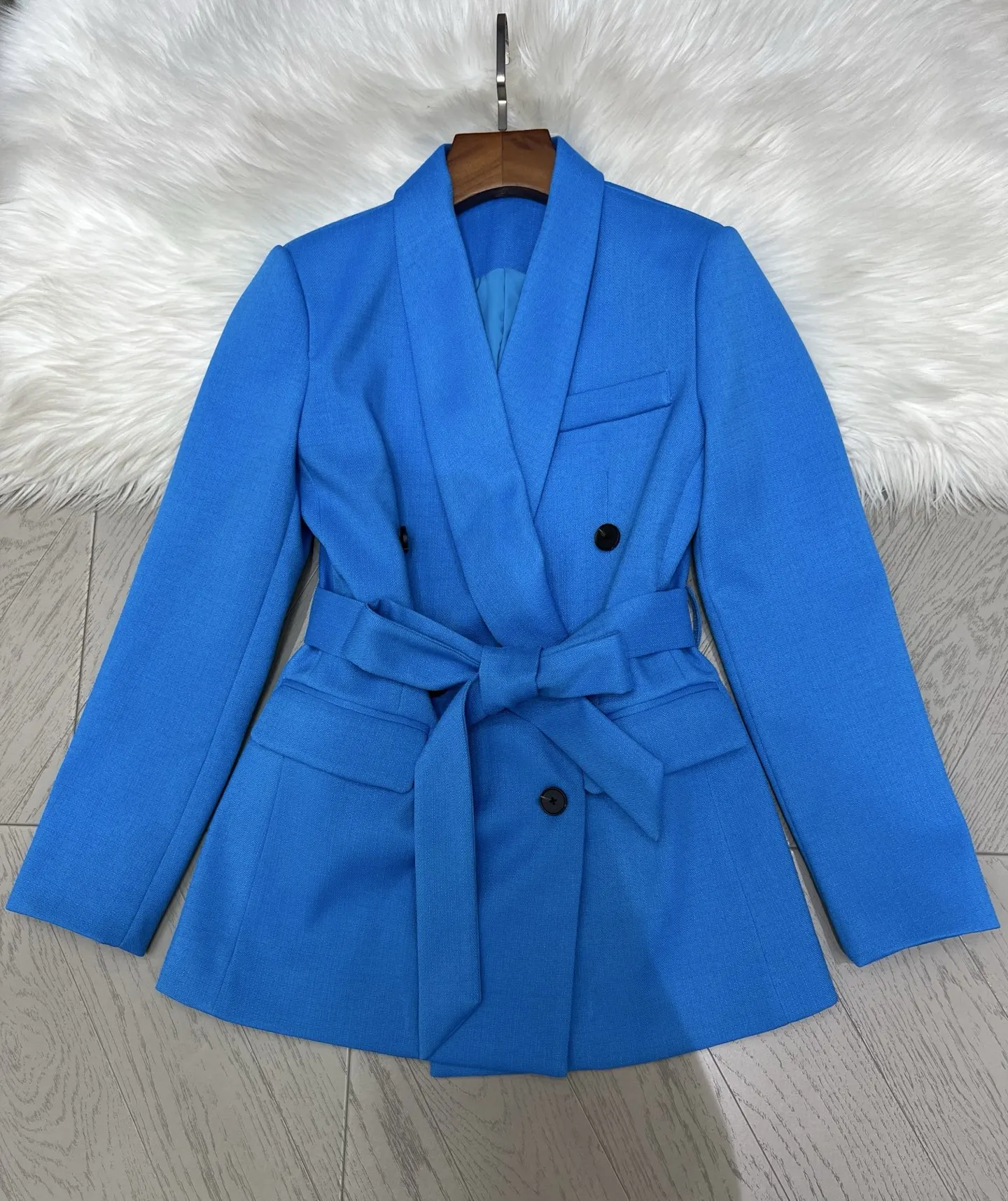 ZJYT Abito da donna Blazer Cappotto 2025 Autunno Elegante doppio petto con lacci Colletto a scialle Giacca da ufficio Top da donna Capispalla casual