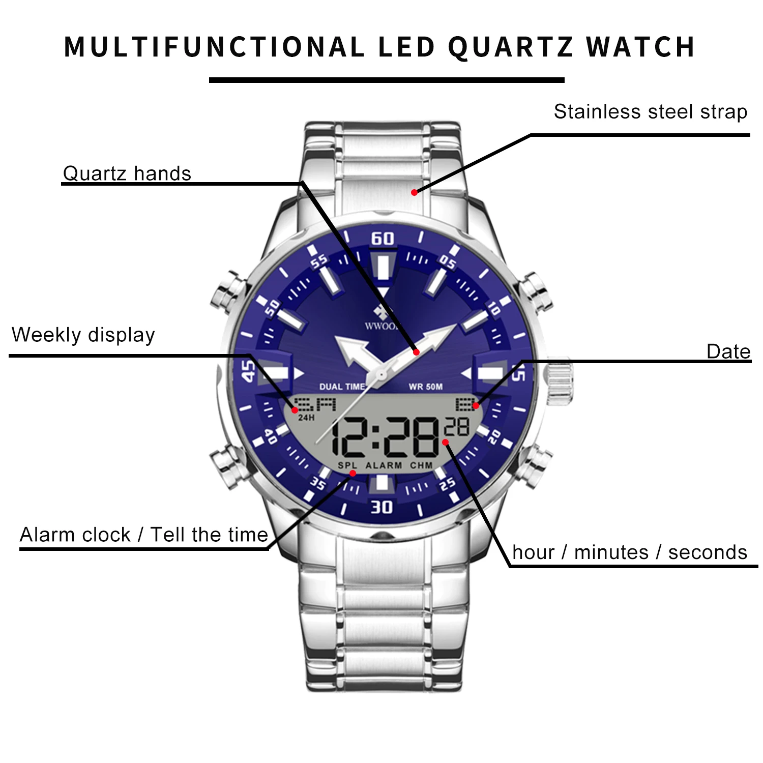 WWOOR Fashion Men\'s Watches Luxury Original Quartz Digital Analog Sport Military Wrist Watch For Man Waterproof Steel Clock Box