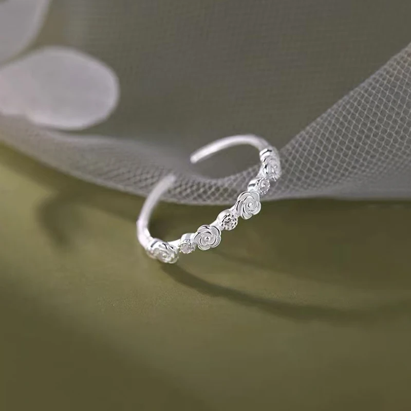 925 Sterling Silver Stacked Roses Flower Adjustable Ring For Women Wedding Cute Fine Jewelry Niche Design Romantic Accessories