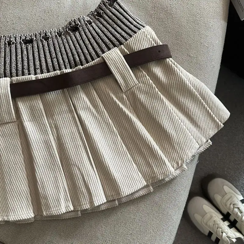 New Fashion Knitted Splicing High Waist Skirt Girl Pleated A-shaped Skirt