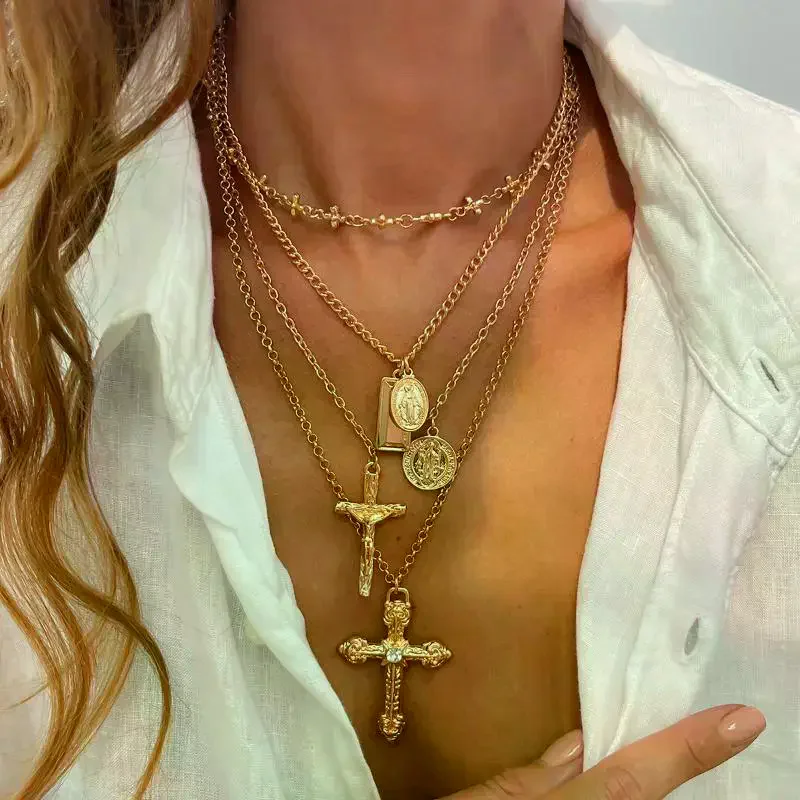 Vintage Gold Layered Cross Pendant Necklace Religious Coin Medallion Choker For Women Boho Summer Beach Jewelry - view 3