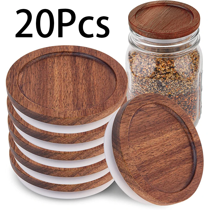 20 Pieces 70mm Wood Mason Jar Lid Storage Bottles Silicone Seal Ring Wide Mouth Cover Kitchen Organization Wood Jar Lid