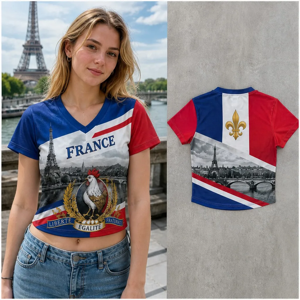 Womens V Neck Crop T Shirt France Eiffel Rooster Crest Graphic Short Sleeve Paris Street Casual Summer Slim Top Fashion Tee Wear