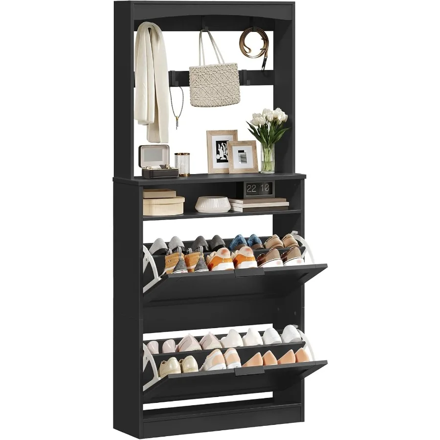 Modern floorstanding tall shoe cabinet with flip drawers and integrated coat rack 2in1 hall tree featuring movable hooks and op