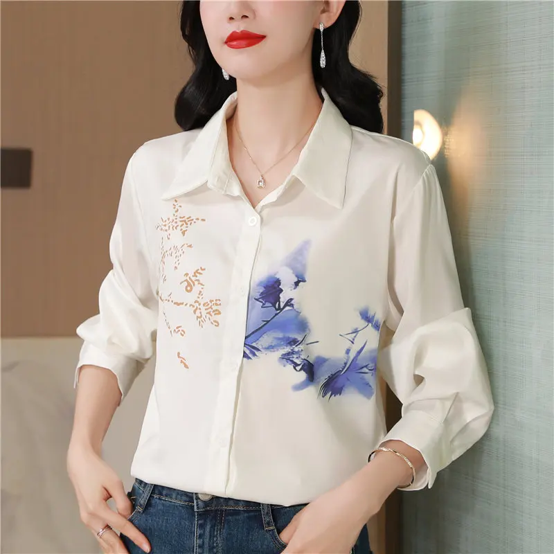 

Silk White Printed Shirt WomenSpring Season High-End Sense Top Light Luxury A