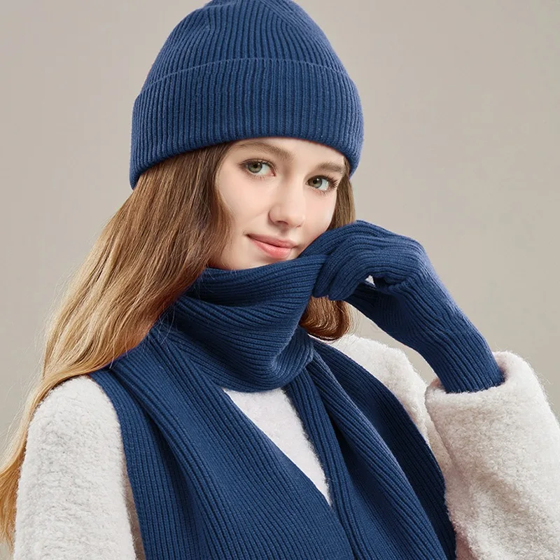 Outdoor Solid Color Keep Warm Hat Suit Adult Hiking Cold Protection Clothing Accessories Winter Travel Knitting Three Piece Set