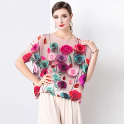 New Oversize High Stretch Fashion Summer Floral Miyake Pleated T-Shirt Designer Women O Neck Rose Flower Print Loose Tshirt Tops