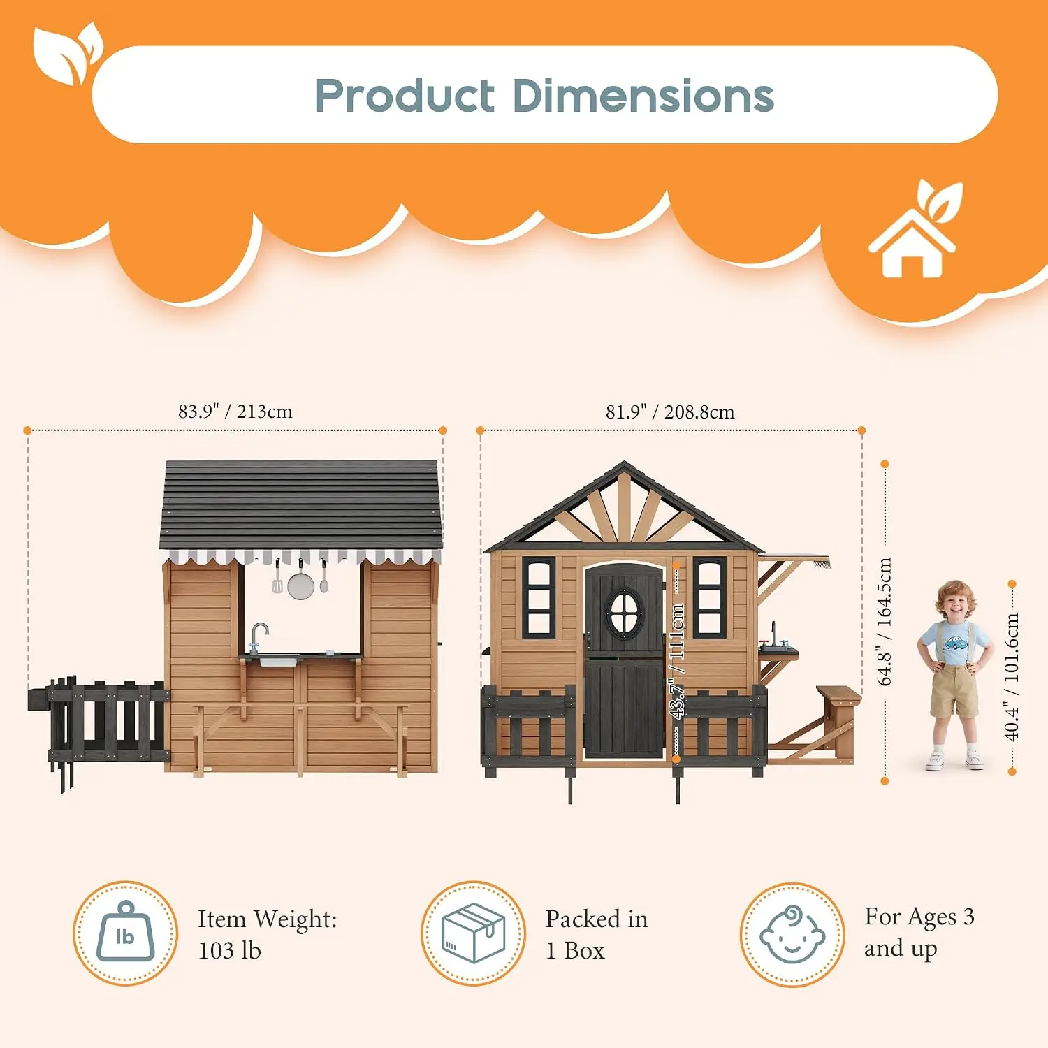 Albott Outdoor Wooden Playhouse for Kids Ages 3–8 Backyard Cottage | Pretend Playhouse with Kitchen Playset, Fence, Dutch Door,