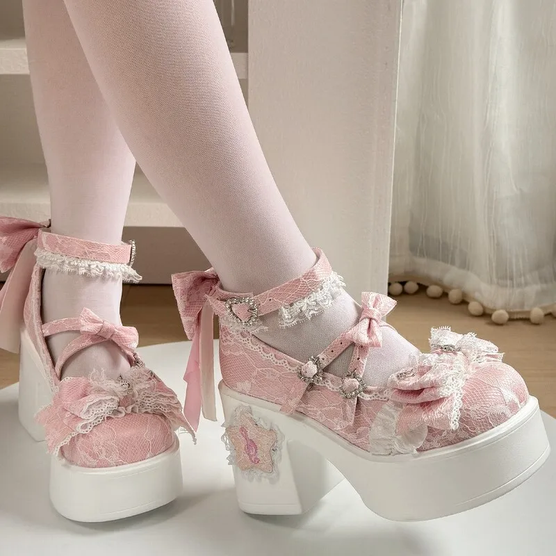 Japanese Original Lolita Bow Lace Waterproof Table Round Head High Heels Kawaii Sweet Cute Mary Jane Shoes Lo Shoes for Women