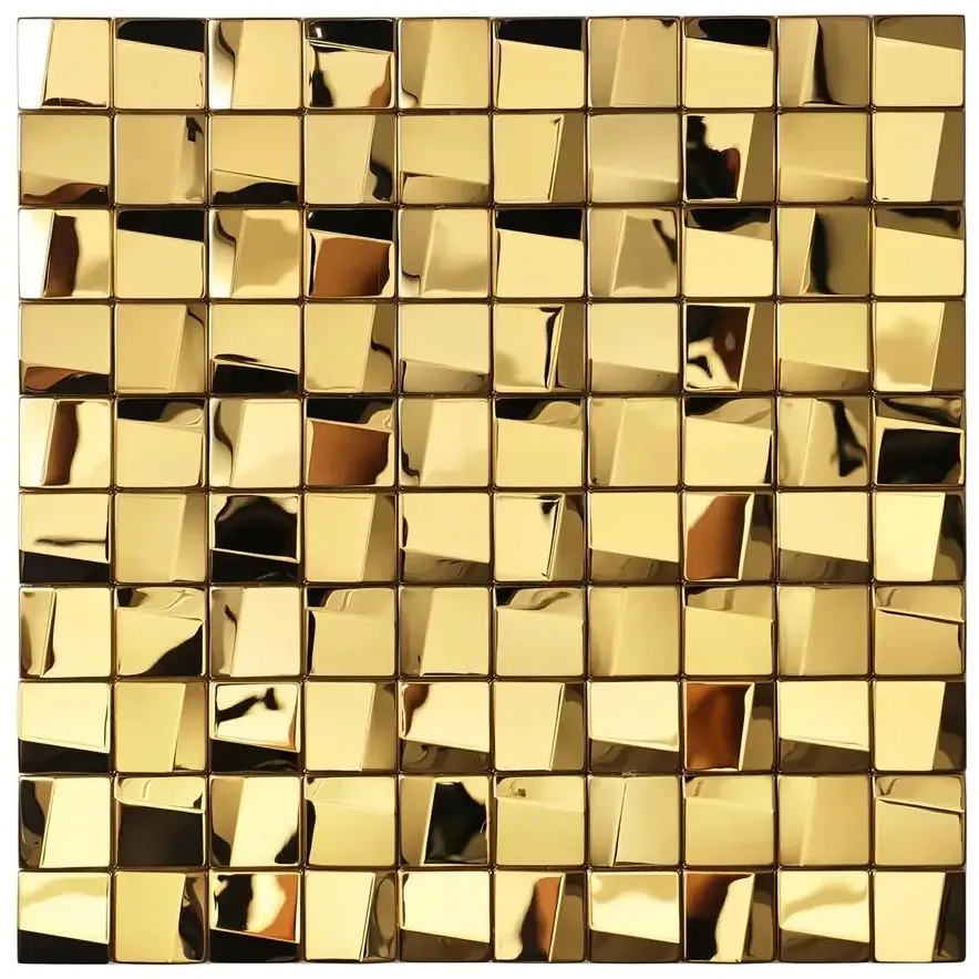 3D Gold Glossy Stainless Steel Metal Square Mosaic Wall Backsplash Tile SMMT2441