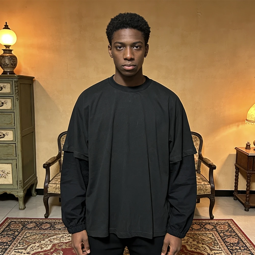 

Yao Fashion Kanye West Loose Patchwork Long Sleeve Tee HipHop Street Style Casual Baggy Solid Color T Shirt For Men Unisex Tops