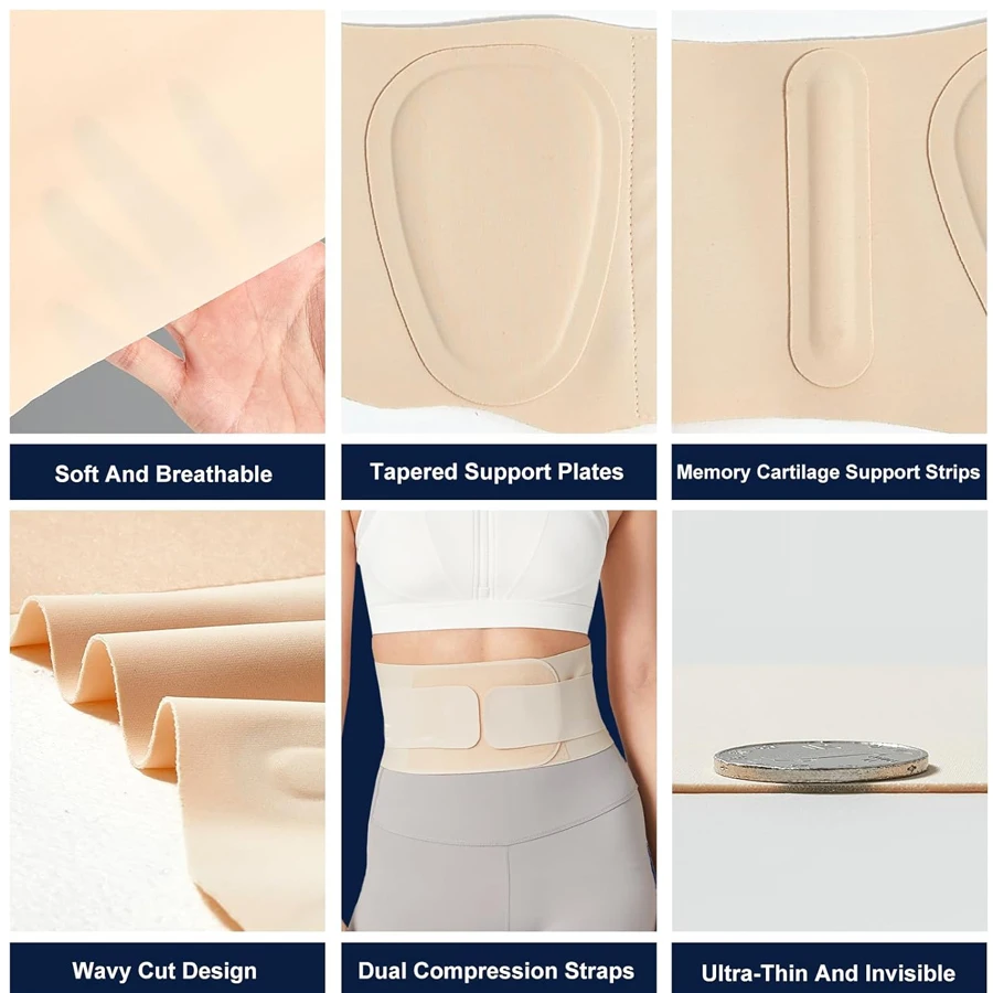 دعامة ظهر نسائية، حزام دعم رفيع للخصر السفلي، لفافة ضغط تحت الملابس، دعم قطني قابل للتعديل، خفيف الوزن
