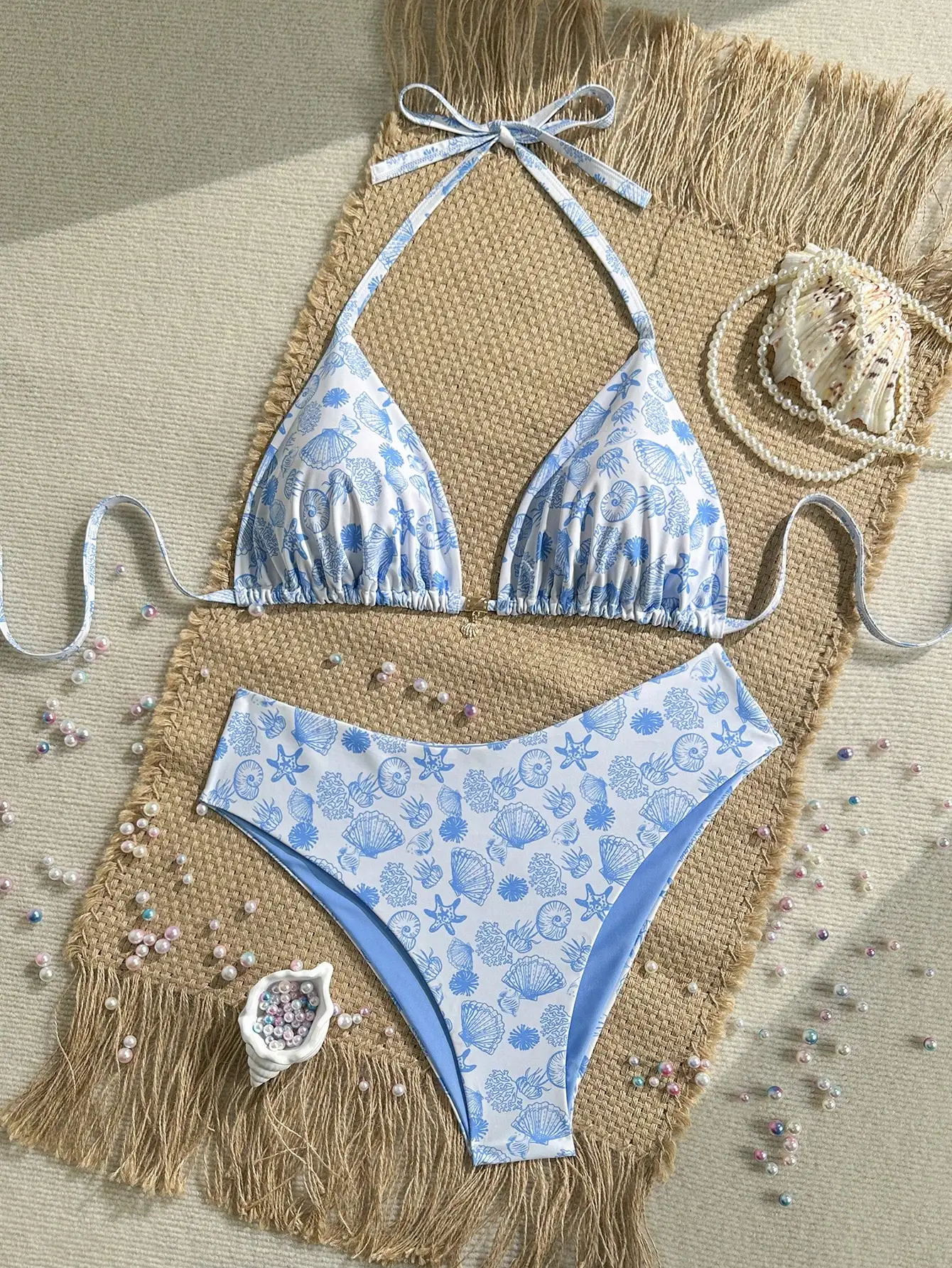 

Синий комплект бикини с принтом морских ракушек и морских звезд, топ-халтер и плавки с высокой талией для женщин больших размеров, летняя пляжная одежда