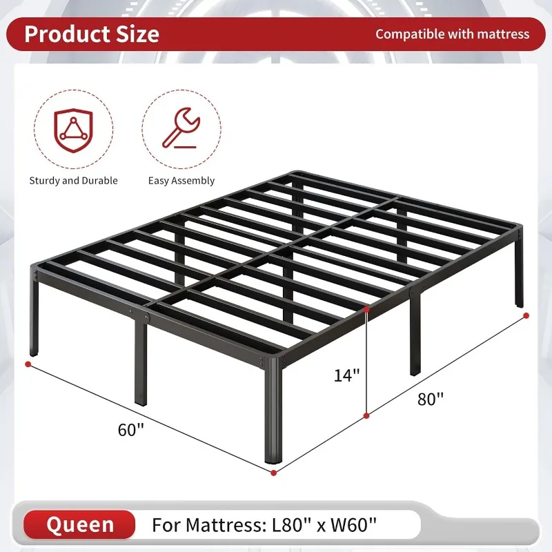 14 Inch Queen Bed Frame Heavy Duty Rounded Corner Legs Platform Bed Frame Queen Size, Easy Assembly, Noise Free, No Box Spring