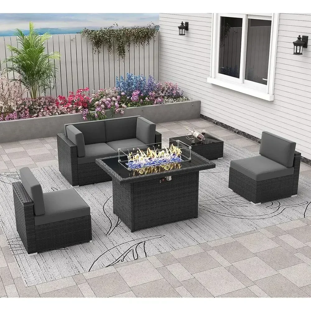 6-Piece Outdoor Wicker Sectional Sofa Set with 44 Gas Fire Pit Table