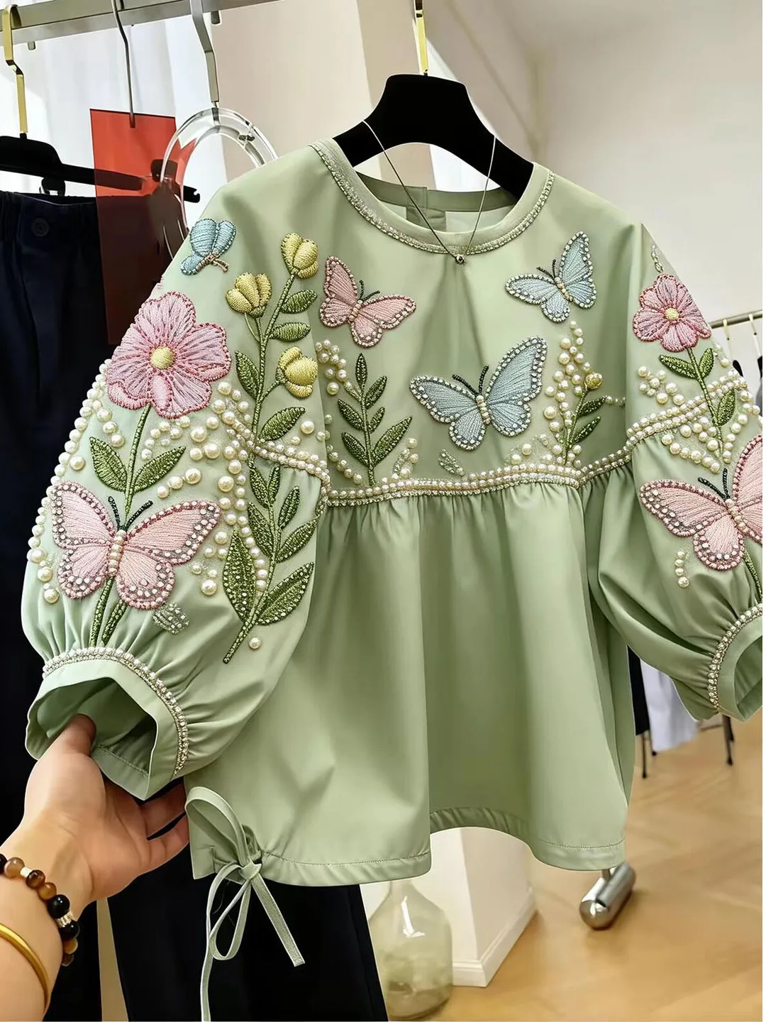 Elegant  Bead Drill Floral Top Women's Summer Casual Bubble Sleeve round Neck Antifouling Short Sleeve T-Shirt