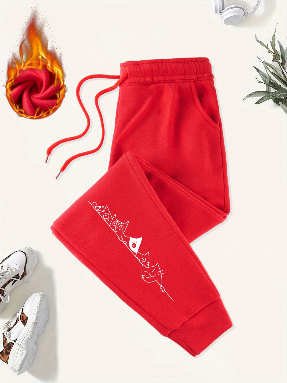 Sonda gatos e ratos impresso sweatpants feminino bolso jogger calças all-match cintura elástica calças de lã rua mulher esportiva