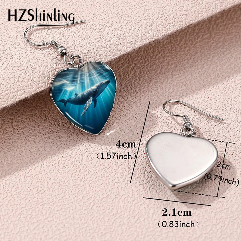 Fashionable deep-sea whale Heart French Hook Earrings Stainless Steel Dangle Earrings Glass Handmade Craft Jewelry