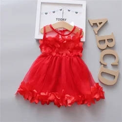 Baby Girls' Red Christmas Birthday Party Dress Preschool Children'S Hollow Out Sleeveless 3d Petal Mesh Summer Clothing