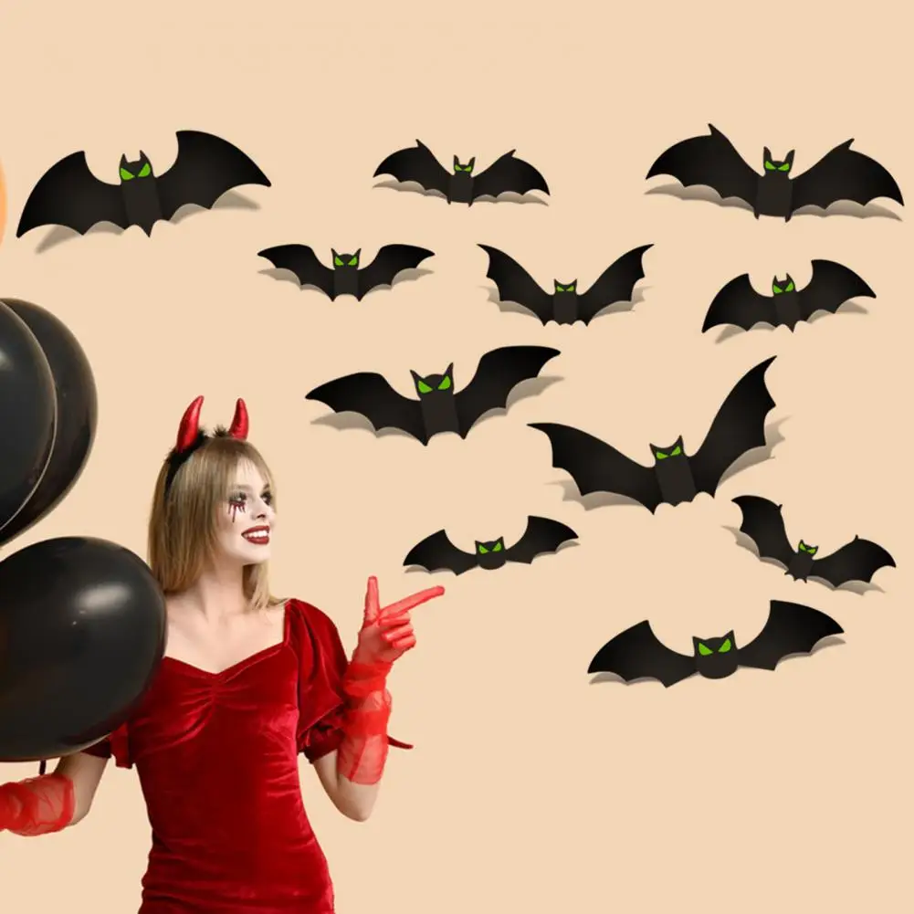 Pegatina de pared de murciélago de Halloween escalofriante, conjunto de decoración de murciélago de Halloween, pared 3d S con ojos brillantes para fiesta, baño, cocina, hogar, habitación